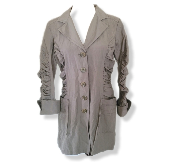 Vintage Teri Jon y2k Ruched Lightweight Button Front Long Jacket Grey Size 10 - Picture 1 of 13